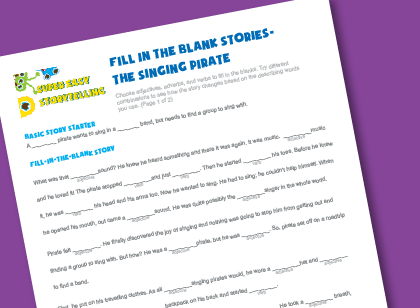 Download printable fill in the blank stories to teach adjectives, verbs, adverbs.