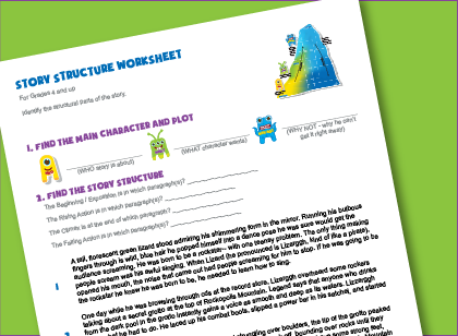 Language arts worksheet for kids teaches to identify rising and falling action, climax, main character in  creative writing