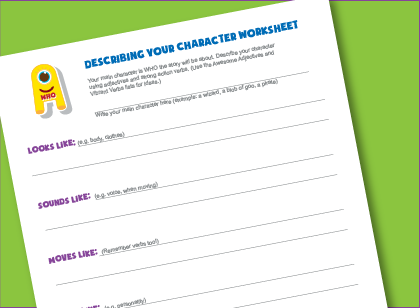 Language arts worksheet for kids helps kids describe main character in creative writing