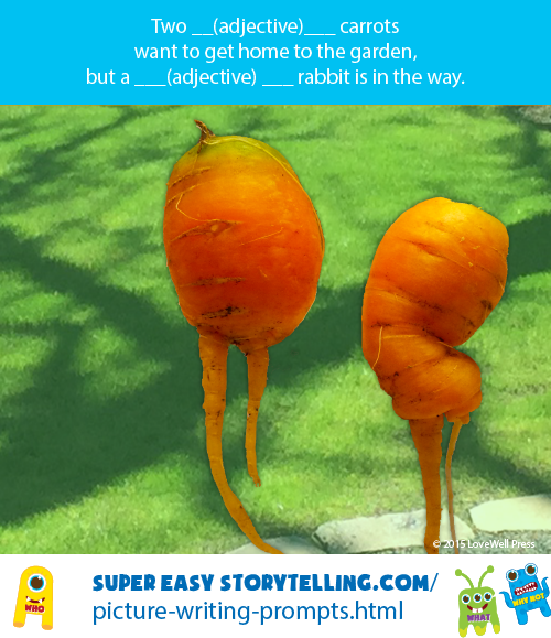 Picture creative writing prompt for kids about funny carrots