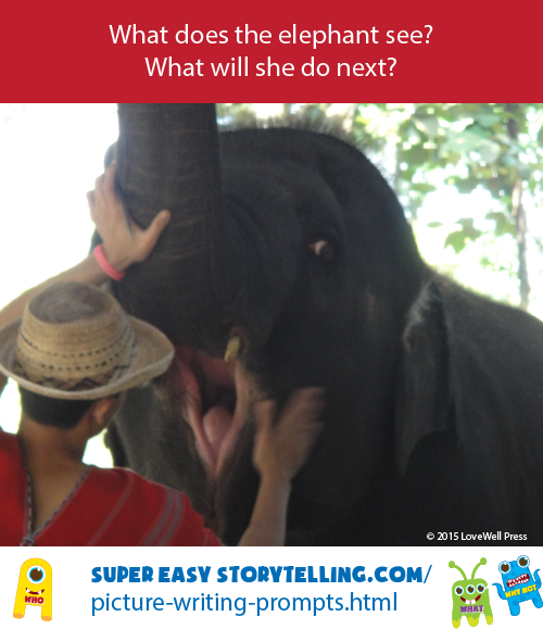 Picture creative writing prompt for kids about a wide mouthed elephant