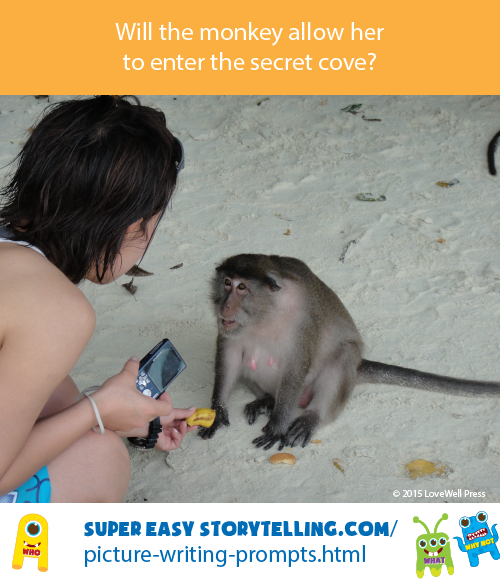 Picture based creative writing prompt for kids about an intriguing monkey