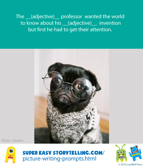 Pugfessor- the pug professor picture writing prompt for kids.